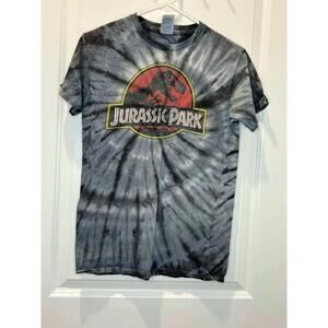 Jurassic Park Tie Dye Graphic T-Shirt Grey Black Spiral Logo Mens Small